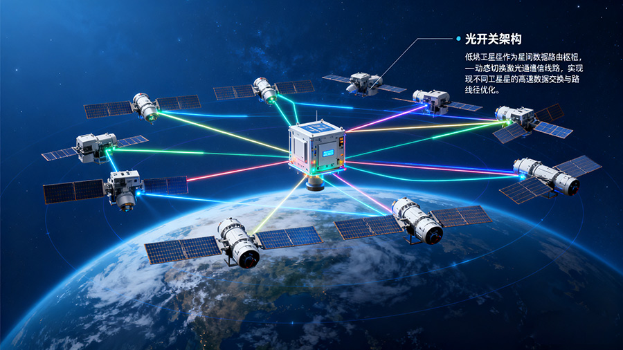 低軌衛星星座光開(kāi)關(guān)部署架構，展示光開(kāi)關(guān)在星間組網(wǎng)中的關(guān)鍵作用