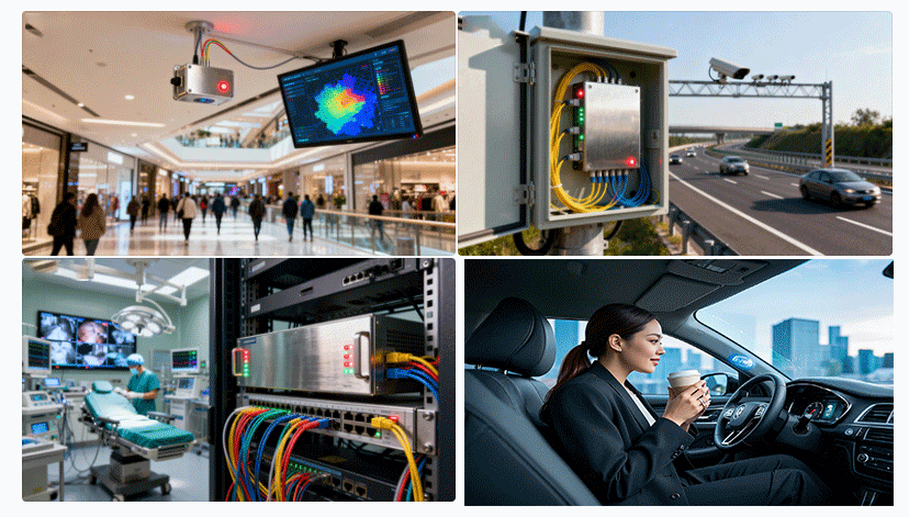 光開(kāi)關(guān)在室內定位、智能交通、醫療通信等典型場(chǎng)景示意圖 - 廣西科毅