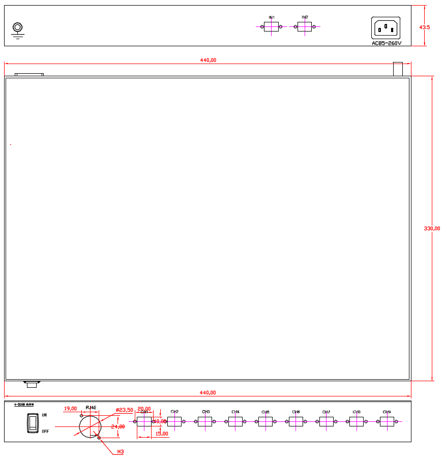OSW-4(D1×8)-M5-85-1U-S22-MPO光切換設(shè)備產(chǎn)品尺寸圖 - 科毅光通信 OSW-4(D1×8)-M5-85-1U-S22-MPO光切換設(shè)備產(chǎn)品尺寸圖 - 科毅光通信